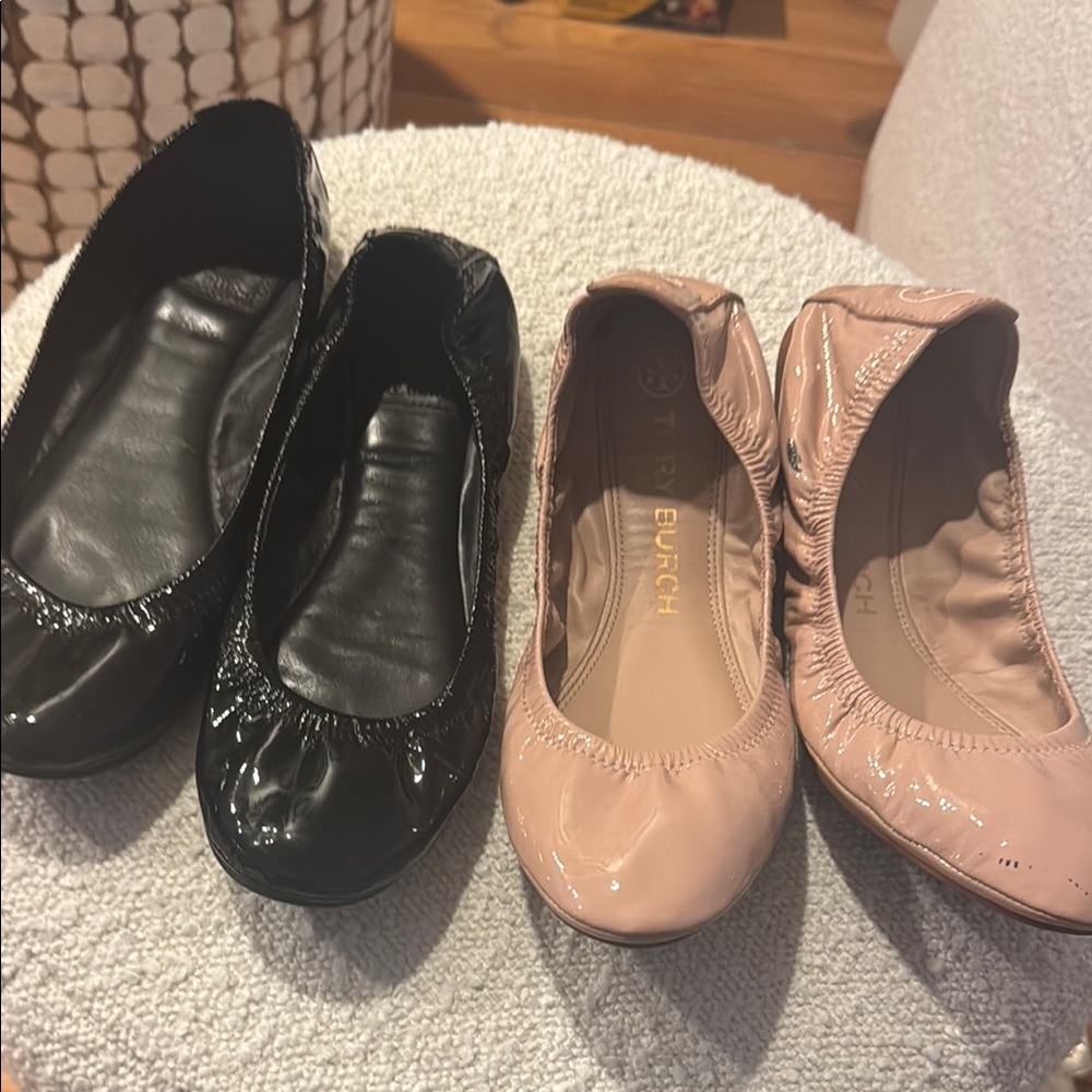 Tory Burch Black and Pink Flats with Bow Detail
